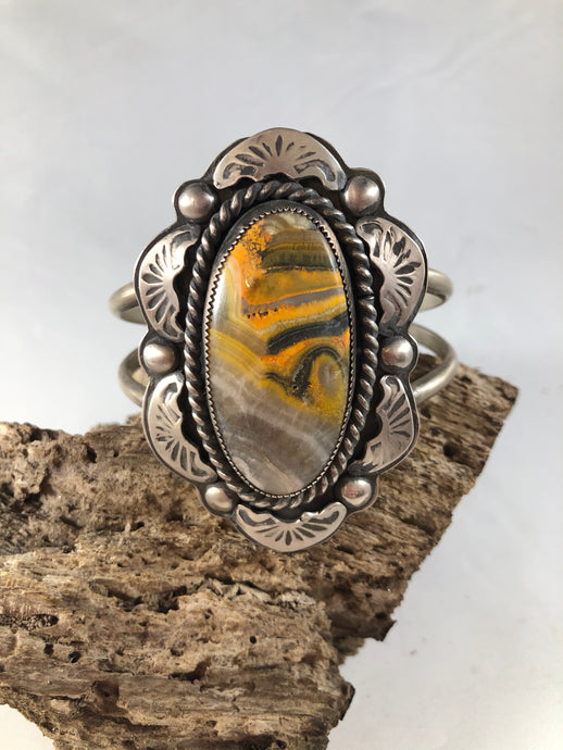 Bumblebee Jasper Hand Stamped Sterling Silver Split Shank Cuff - Hawkeye Jewelry