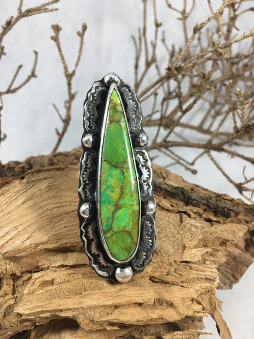 Mohave Green Turquoise Sterling Silver Hand Stamped Statement Talon Ring - Hawkeye Jewelry