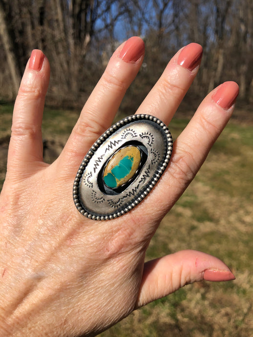 Oval Bright Blue Royston Turquoise Shadowbox Hand Stamped Ring