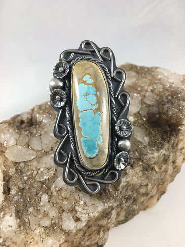 Light Blue Royston Turquoise Sterling Silver Flowers Statement Ring - Hawkeye Jewelry