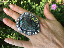 Load image into Gallery viewer, Large Green Carico Turquoise Sterling Silver Statement Ring - Hawkeye Jewelry
