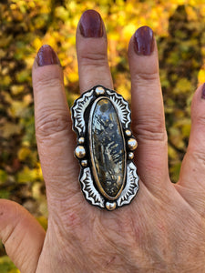 Nipomo Marcasite Oval Sterling Silver Hand Stamped Statement Ring - Hawkeye Jewelry