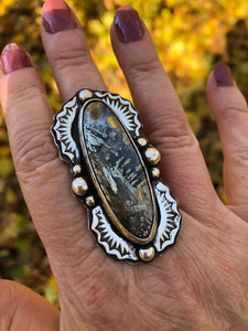 Nipomo Marcasite Oval Sterling Silver Hand Stamped Statement Ring - Hawkeye Jewelry