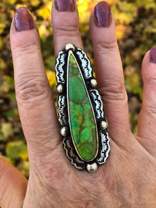 Mohave Green Turquoise Sterling Silver Hand Stamped Statement Talon Ring - Hawkeye Jewelry