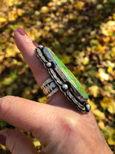 Load image into Gallery viewer, Mohave Green Turquoise Sterling Silver Hand Stamped Statement Talon Ring - Hawkeye Jewelry
