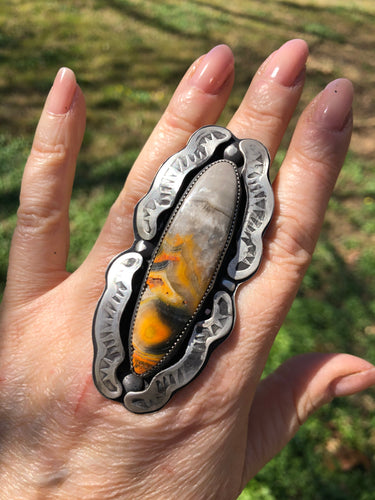 Bumblebee Jasper Long Oval Hand Stamped Sterling Silver Ring - Hawkeye Jewelry