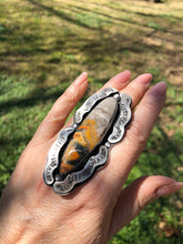 Load image into Gallery viewer, Bumblebee Jasper Long Oval Hand Stamped Sterling Silver Ring - Hawkeye Jewelry

