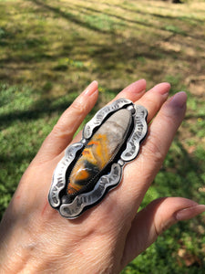 Bumblebee Jasper Long Oval Hand Stamped Sterling Silver Ring - Hawkeye Jewelry