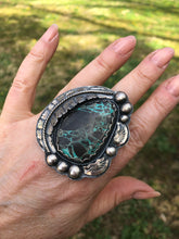 Load image into Gallery viewer, Large Green Carico Turquoise Sterling Silver Statement Ring - Hawkeye Jewelry

