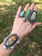 Load image into Gallery viewer, Bumblebee Jasper Hand Stamped Sterling Silver Split Shank Cuff - Hawkeye Jewelry
