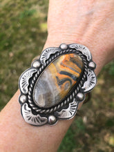 Load image into Gallery viewer, Bumblebee Jasper Hand Stamped Sterling Silver Split Shank Cuff - Hawkeye Jewelry
