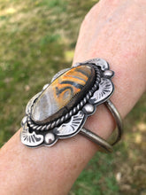 Load image into Gallery viewer, Bumblebee Jasper Hand Stamped Sterling Silver Split Shank Cuff - Hawkeye Jewelry
