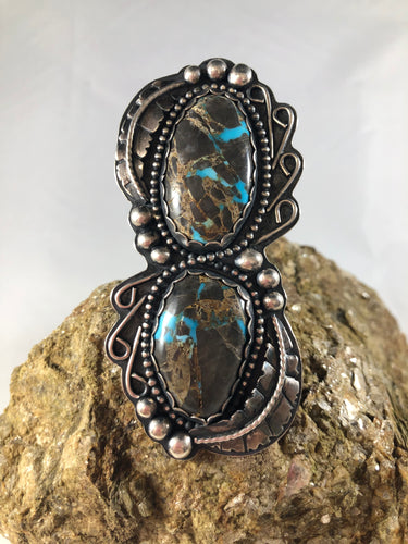 Double Carico Blue Turquoise Sterling Silver Statement Ring - Hawkeye Jewelry
