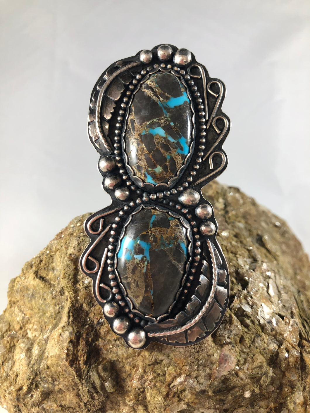 Double Carico Blue Turquoise Sterling Silver Statement Ring - Hawkeye Jewelry
