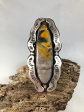 Load image into Gallery viewer, Bumblebee Jasper Long Oval Hand Stamped Sterling Silver Ring - Hawkeye Jewelry

