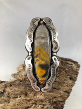 Load image into Gallery viewer, Bumblebee Jasper Long Oval Hand Stamped Sterling Silver Ring - Hawkeye Jewelry

