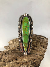 Load image into Gallery viewer, Mohave Green Turquoise Sterling Silver Hand Stamped Statement Talon Ring - Hawkeye Jewelry
