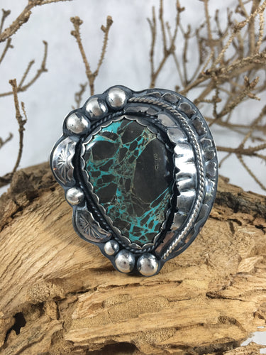 Large Green Carico Turquoise Sterling Silver Statement Ring - Hawkeye Jewelry