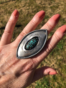 Hubie Turquoise elliptical Shadowbox Hand Stamped Ring