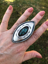 Load image into Gallery viewer, Hubie Turquoise elliptical Shadowbox Hand Stamped Ring
