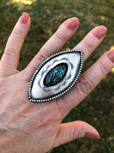 Hubie Turquoise elliptical Shadowbox Hand Stamped Ring