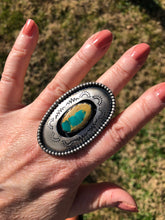 Load image into Gallery viewer, Oval Bright Blue Royston Turquoise Shadowbox Hand Stamped Ring
