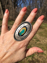 Load image into Gallery viewer, Oval Bright Blue Royston Turquoise Shadowbox Hand Stamped Ring
