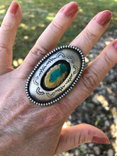 Load image into Gallery viewer, Oval Bright Blue Royston Turquoise Shadowbox Hand Stamped Ring
