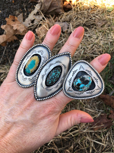 Hubie Turquoise elliptical Shadowbox Hand Stamped Ring