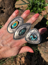 Load image into Gallery viewer, Oval Bright Blue Royston Turquoise Shadowbox Hand Stamped Ring
