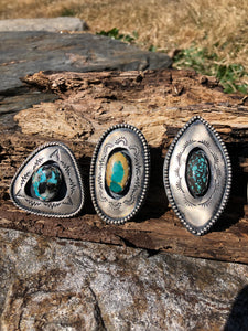 Hubie Turquoise elliptical Shadowbox Hand Stamped Ring