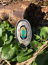 Load image into Gallery viewer, Oval Bright Blue Royston Turquoise Shadowbox Hand Stamped Ring
