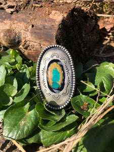 Oval Bright Blue Royston Turquoise Shadowbox Hand Stamped Ring